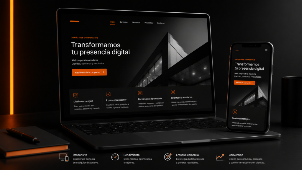 Diseño de web corporativa responsive mostrado en portátil y móvil