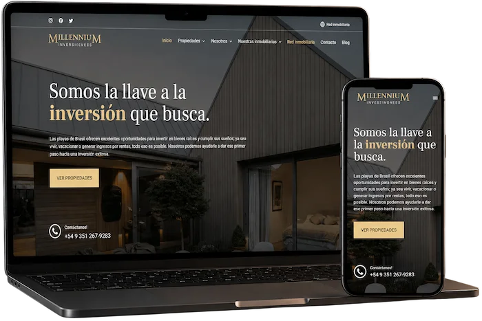 Web inmobiliaria de Millennium Investimentos mostrada en ordenador y móvil