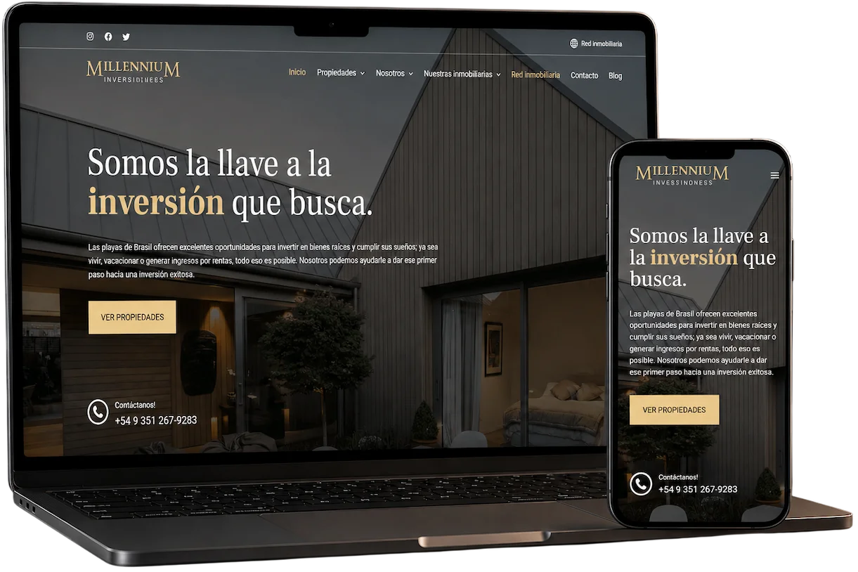 Web inmobiliaria de Millennium Investimentos mostrada en ordenador y móvil